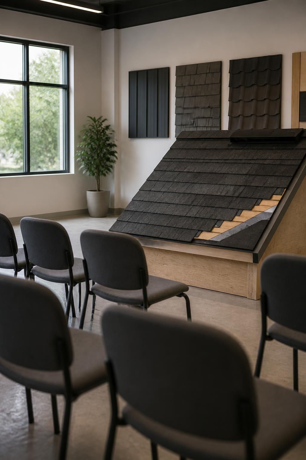 Modern learning space with roofing sample materials and clean display.